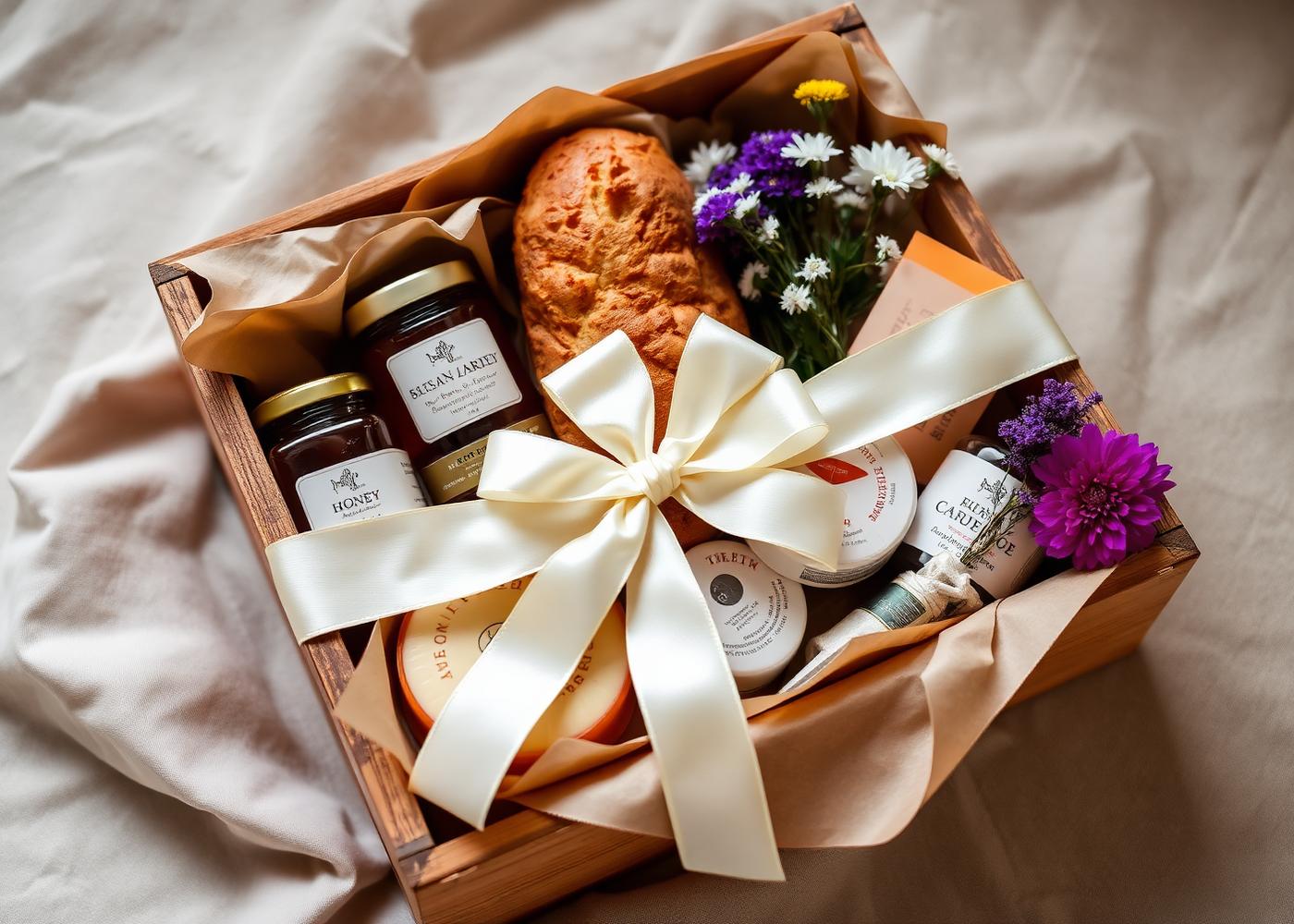 A premium farm gift box with cream ribbon